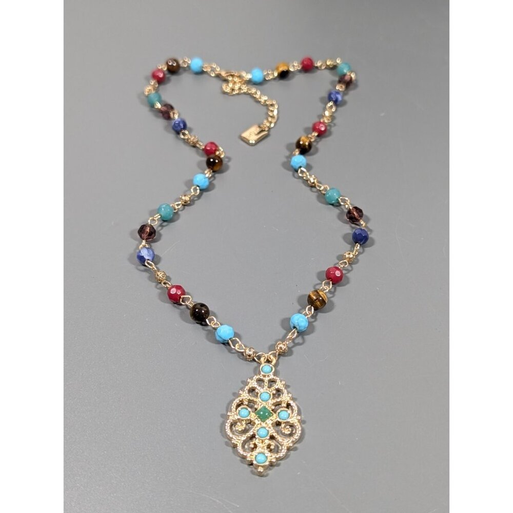 CHAPS Multi Color Beaded Boho Western Neckalce Tigers Eye Faux Turquoise 21 in